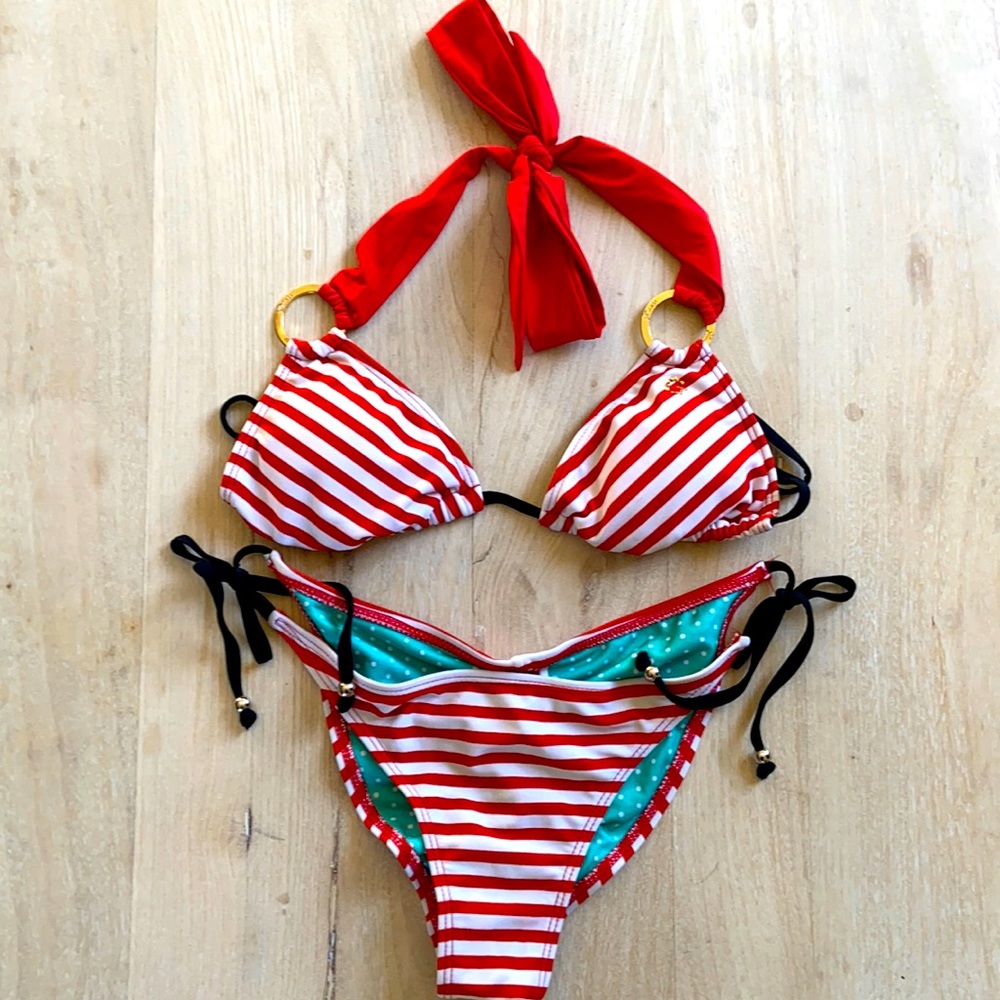 Guess red & white striped bikini